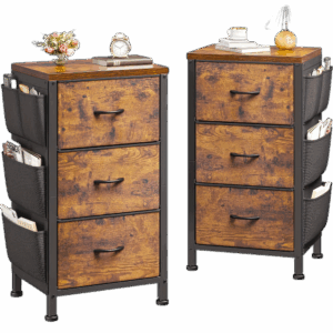 Nightstand Set of 2, Night Stand with 3 Drawers for Bedroom, Bedside Table with Wooden Top, Sturdy Steel Frame End Table, Small Dresser for Bedroom, Living Room, Rustic Brown